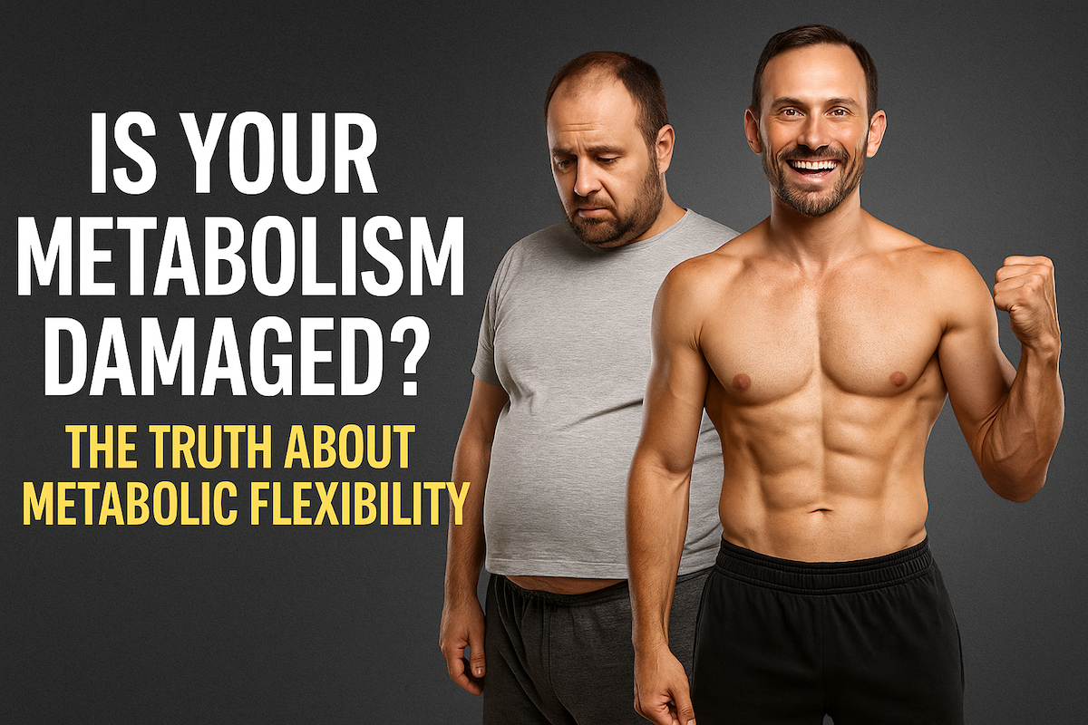 Side-by-side transformation of a sad, overweight man on the left and a happy, muscular man on the right, illustrating the dramatic benefits of restoring metabolic health through proper nutrition, training, and lifestyle changes. Text overlay reads: “Is Your Metabolism Damaged? The Truth About Metabolic Flexibility.”