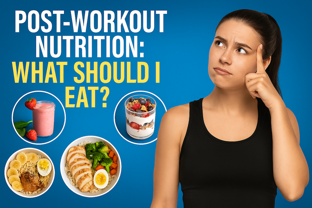 A fit young woman looking confused surrounded by images of healthy meals, set against a bold blue background. The image reflects the challenge of choosing the right post-workout nutrition.