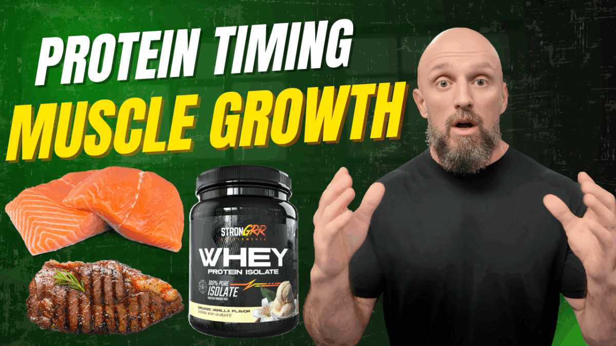 Confused man holding protein shake, with StronGRR Whey Protein, salmon, and steak, highlighting muscle growth and protein timing