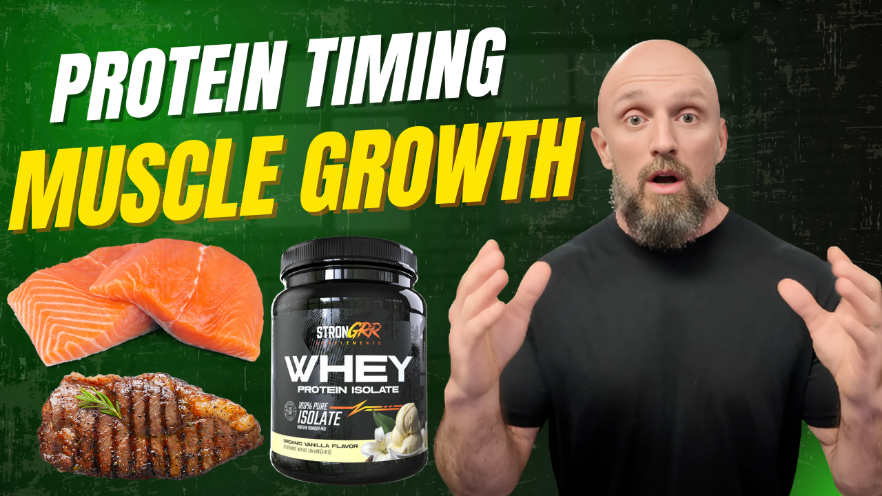 Confused man holding protein shake, with StronGRR Whey Protein, salmon, and steak, highlighting muscle growth and protein timing