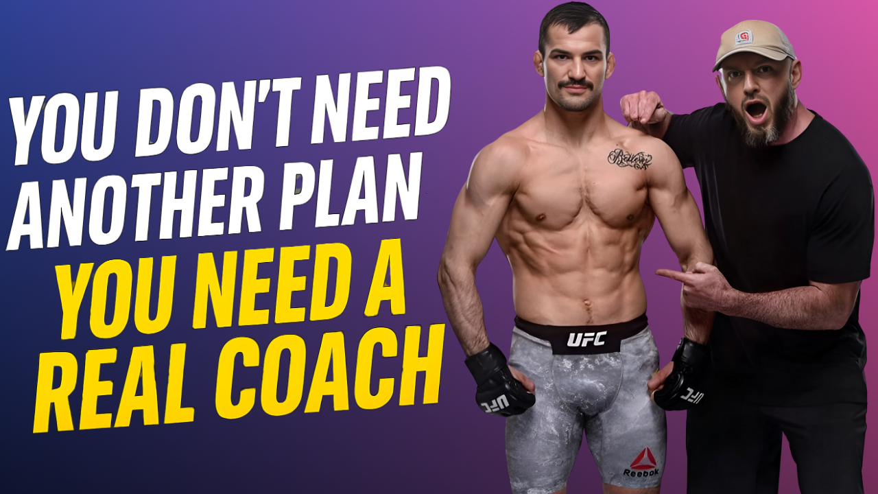 Mike Dolce pointing at shredded UFC fighter with bold text: "You Don’t Need Another Plan—You Need a Real Coach"
