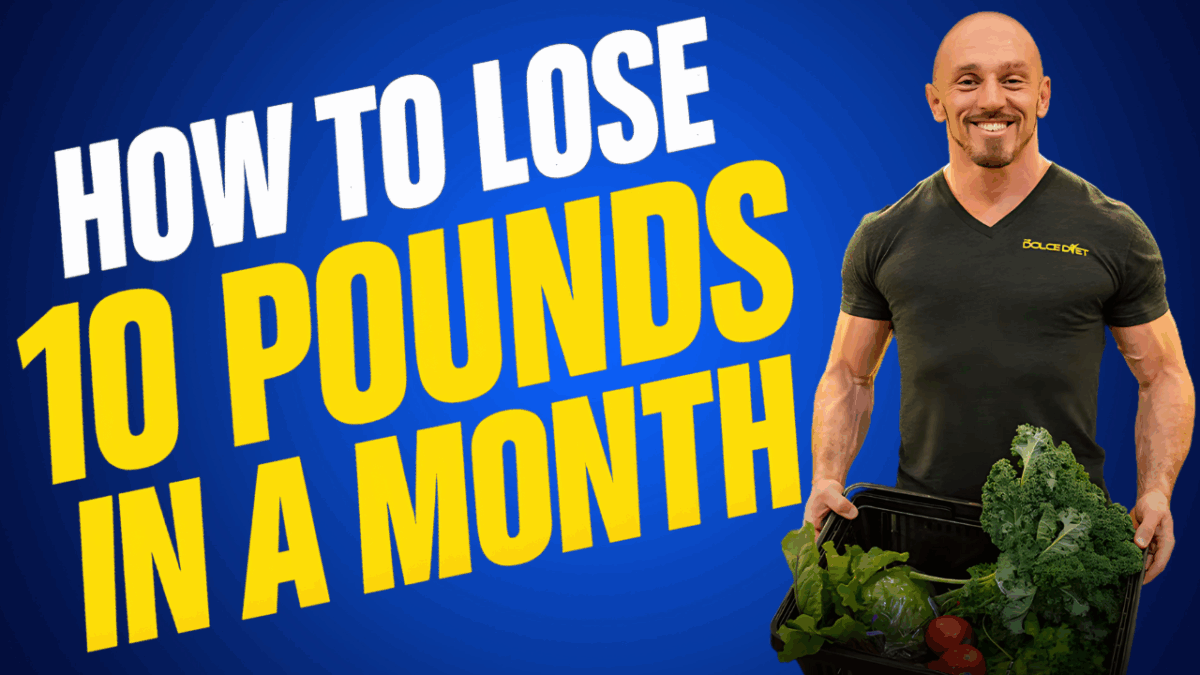Mike Dolce holding fresh vegetables in front of a bold blue background with the text "How to Lose 10 Pounds in a Month"