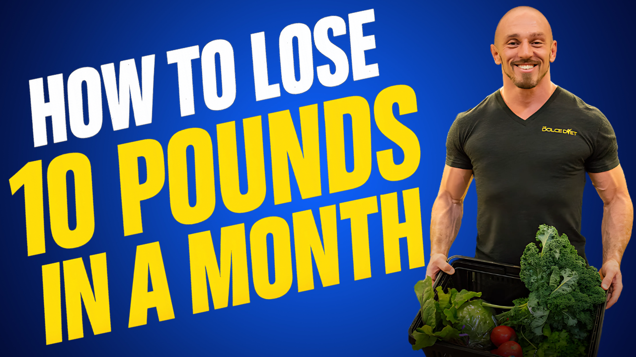 Mike Dolce holding fresh vegetables in front of a bold blue background with the text "How to Lose 10 Pounds in a Month"