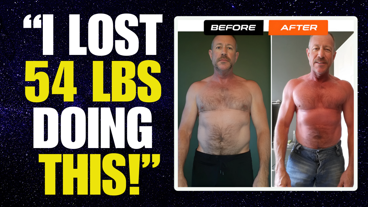 Side-by-side before and after photo of Jim, a man over 40, showing dramatic 54-pound weight loss on The Dolce Diet program.