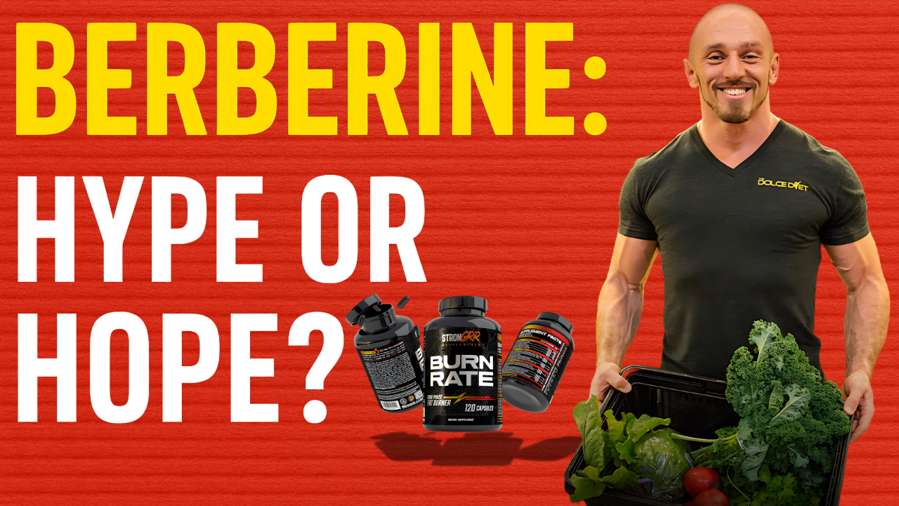 Mike Dolce holding a crate of fresh vegetables, standing next to STRONGRR Supplements Burn Rate bottles with bold text that reads “Berberine: Hype or Hope?” on a red textured background.