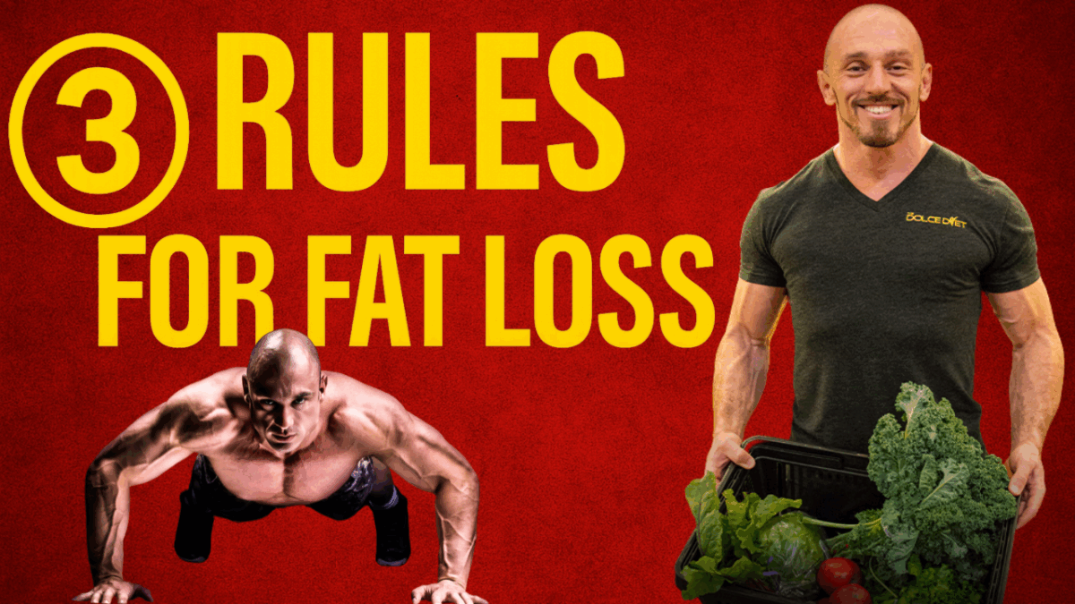 Mike Dolce standing confidently with a crate of fresh vegetables beside bold text that reads “3 Rules for Fat Loss” over a red background, visually representing nutrition and fitness expertise.