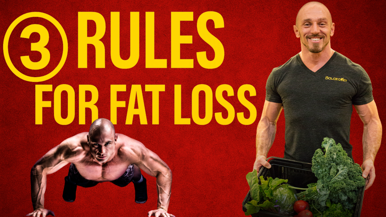 Mike Dolce standing confidently with a crate of fresh vegetables beside bold text that reads “3 Rules for Fat Loss” over a red background, visually representing nutrition and fitness expertise.