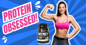 Bright, TikTok-style graphic with the text “Protein Obsessed!” featuring a fitness woman flexing and a container of STRONGRR Supplements Whey Protein Isolate.